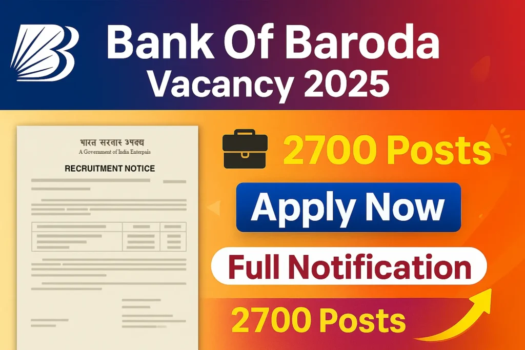 Bank Of Baroda Recruitment 2025 BOB में 2700 पदों पर भर्ती, आवेदन शुरू, सम्पूर्ण जानकारी