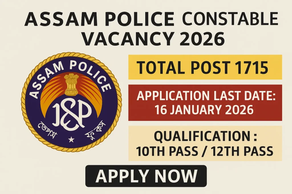 Assam Police Constable Vacancy 2026 Posts 1715, Eligibility 12th, Apply Now